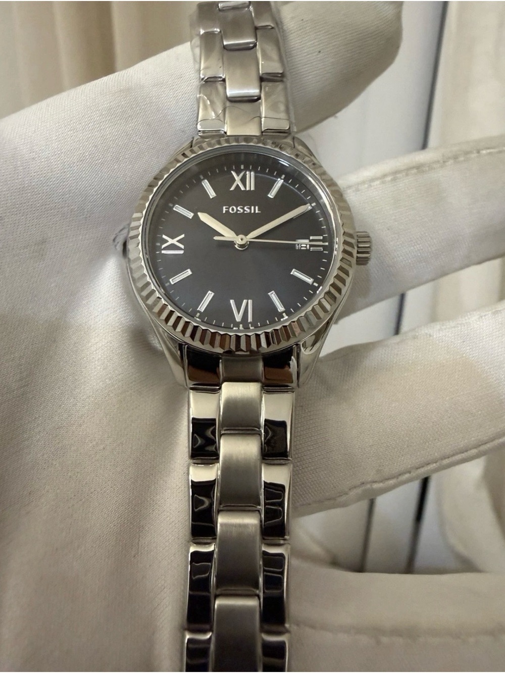 Fossil Rye BQ3637 Women's Stainless Steel Watch Black Dial 30mm Date NWT